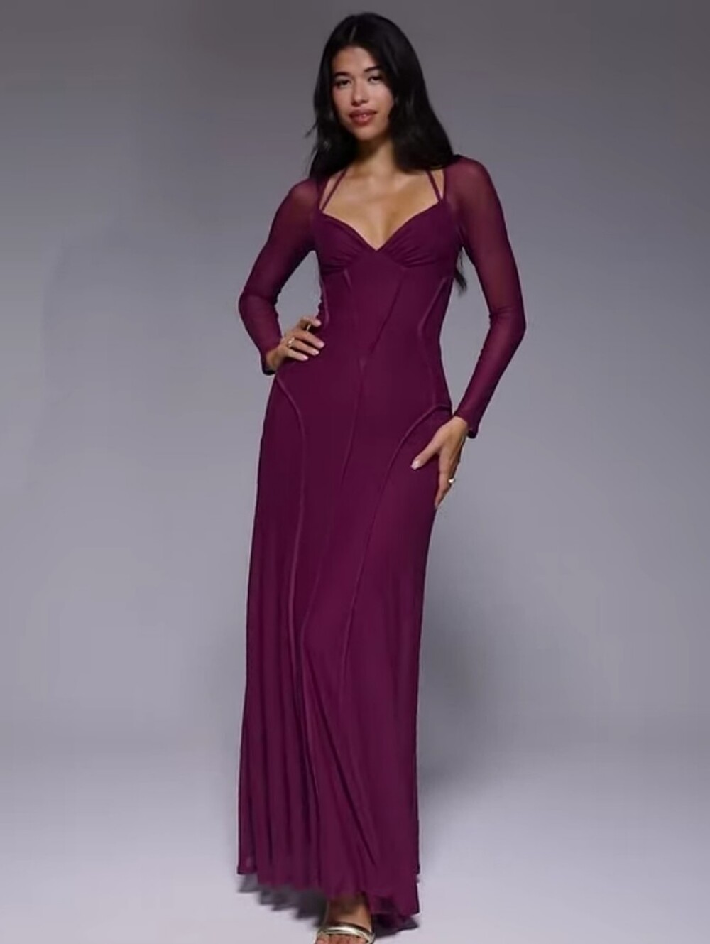 ASOS DESIGN mesh long sleeve maxi dress with exposed seam detailing in deep plum